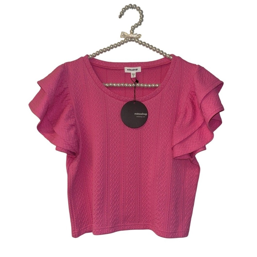 Mittoshop Pink Textured Jacquard Ruffle Tiered Sleeve Crop Top Sz Small NEW NWT